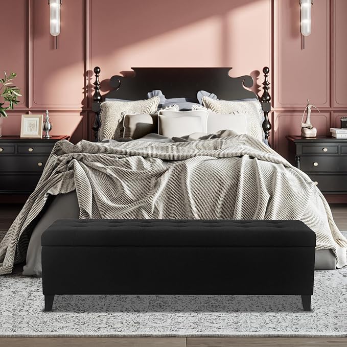 DECO DE VILLE Ottoman with Storage, 51 Inch End of Bed Storage Ottoman Bench, Linen Fabric Upholstered Ottomans with Hinged Lid, Rectangle Long Foot Rest Bench for Entryway Living Room Bedroom Black