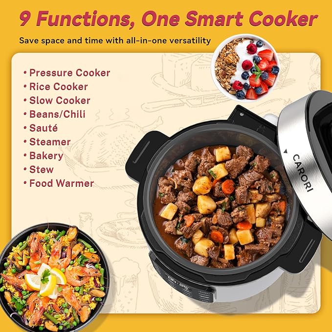 Electric Pressure Cooker 6 Quart Silver, Non-stick Pot, 9-in-1 Instant Pot, 12 Preset Functions with Touchscreen, Safe Steam Release, Stew, Slow Cook, Rice, Saut챕, Warmer