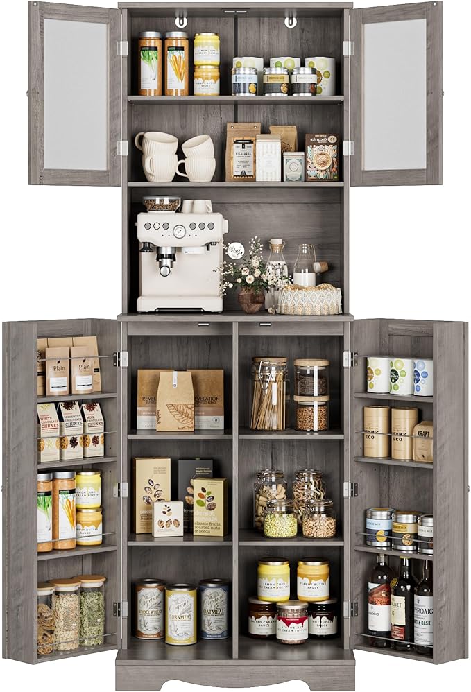 HOSTACK 71'' Pantry Cabinet, Tall Storage Cabinet with Microwave Stand, Freestanding Kitchen Hutch with Doors and Adjustable Shelves, Mordern Food Pantry for Kitchen, Dining Room, Ash Grey