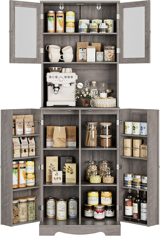 HOSTACK 71'' Pantry Cabinet, Tall Storage Cabinet with Microwave Stand, Freestanding Kitchen Hutch with Doors and Adjustable Shelves, Mordern Food Pantry for Kitchen, Dining Room, Ash Grey