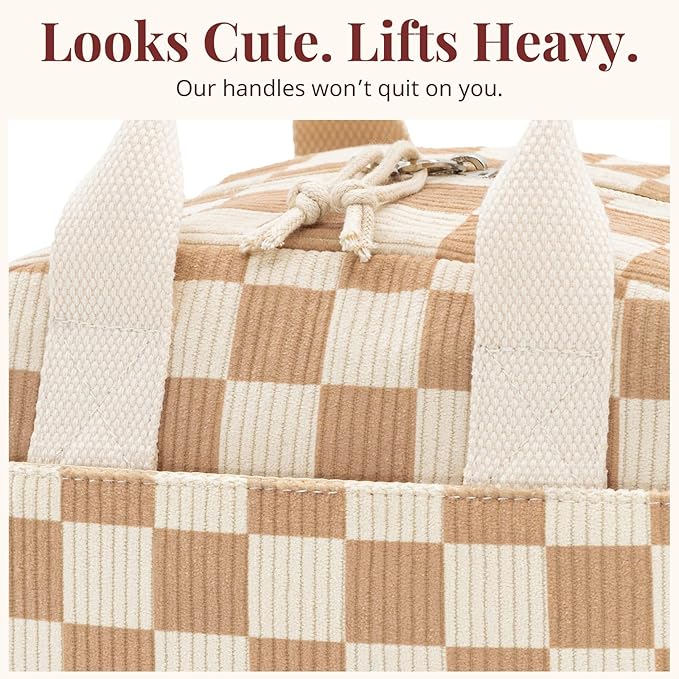 LOVELYWIND Insulated Brown checkered Lunch Bag for Women, Corduroy Tote with Aluminum Lining, Large Capacity Reusable Cooler for Work, Travel, Beach or Picnic, Checkered Water-Resistant Lunch Box