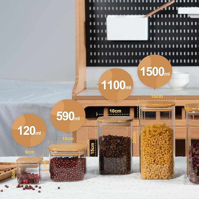 5oz Airtight Square Spice Containers with Bamboo Lid Set of 12 with Black Lables Storage Stackable Spice Jar, Kitchen Canister for Sugar, Tea, Flour, Salt and Seasonings (?랢lear Glass)