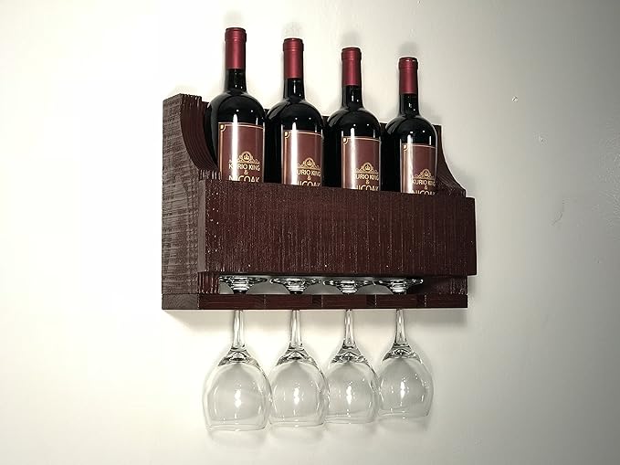 Barnwood Wall Mount Wine Rack Holds 4 Wines and 4 Long Stem Glass Rustic Reclaimed Wood (Aged Barn Red)