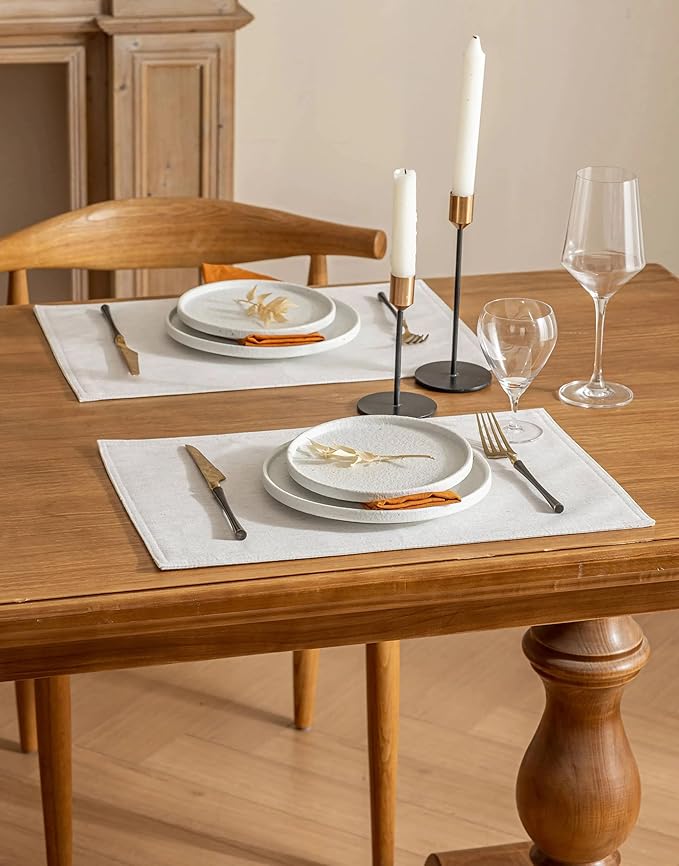 Placidy Set of 8 Cream Linen Placemats Table Placement Mats Plate Coasters for Dining Table Water Repellent Rectangular Farmhouse Modern 12x18 Inch