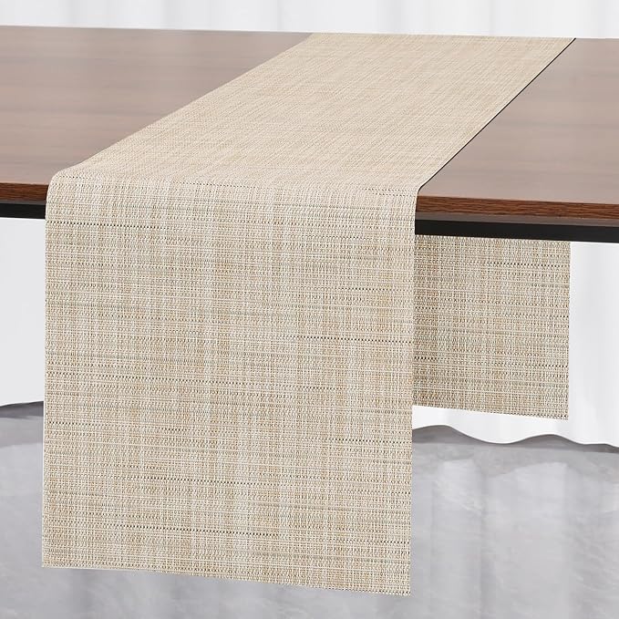 Myir JUN Table Runner, Vinyl Table Runner Indoor 55 Inch Long Arbitrarily Cropped Runner for Table Heatproof for Home Party (Beige, 12 x 55 inch)