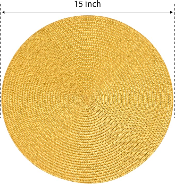 FunWheat Round Braided Placemats Set of 8 Place Mats for Dining Table Woven Washable Non-Slip Table Mats 15 Inch(Yellow,8pcs)