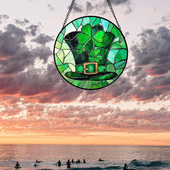 Stained Glass Window Hanging Green Lucky Clover Hat Large 15" - Suncatcher Door Garden Sun Catcher Ireland Decor Birthday Mother's St. Ripack's Day Gift for Woman Mom Men Friend Nana Wife