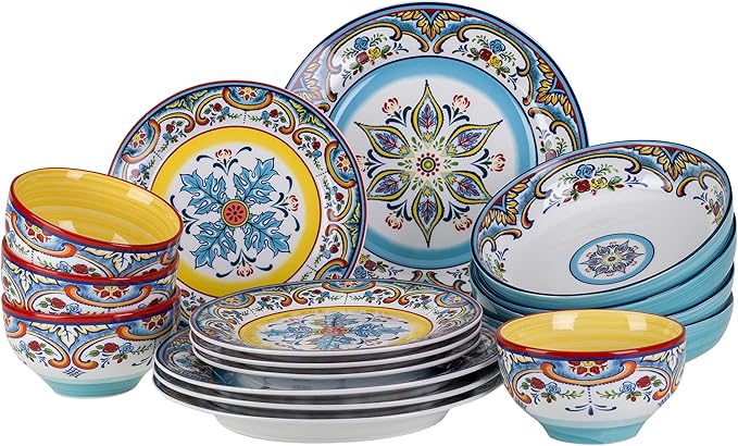 Euro Ceramica Zanzibar Double Bowl 16-Piece Dinnerware Set | Fine Kitchenware | Floral Multicolor Design Stoneware Tableware Service For 4
