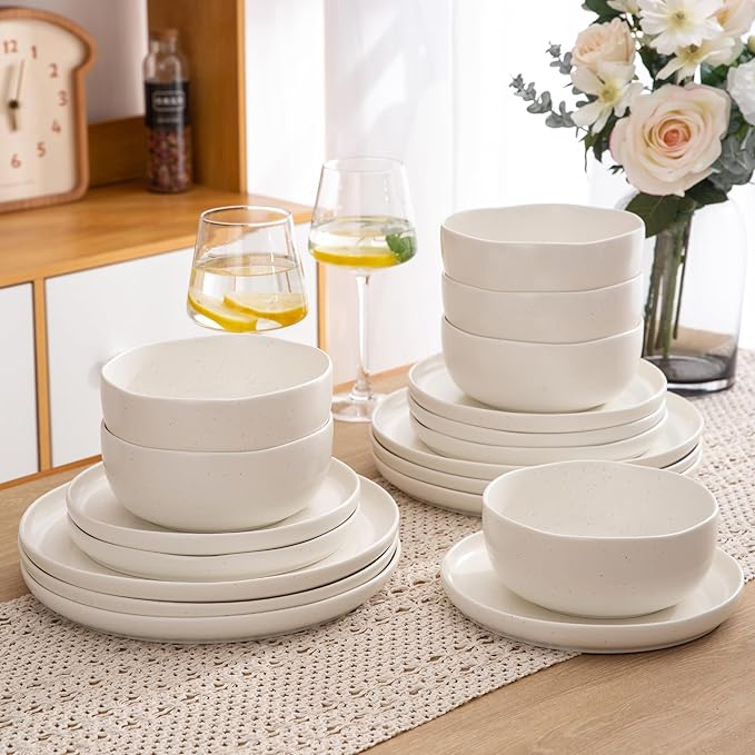 AmorArc Ceramic Dinnerware Sets, Wavy Rim Stoneware Plates and Bowls Sets, Highly Chip and Crack Resistant | Dishwasher & Microwave & Oven Safe Dishes set, Service for 4 (12pc)-Matte Speckled White
