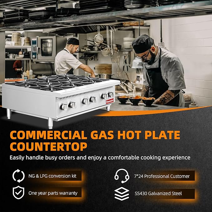 6 Burner Commercial Hot Plate, 36" Countertop Gas Stove Stainless Steel Natural Gas Range with Propane Conversion Kit Cooking Equipment for Restaurant Kitchen-150000 BTU