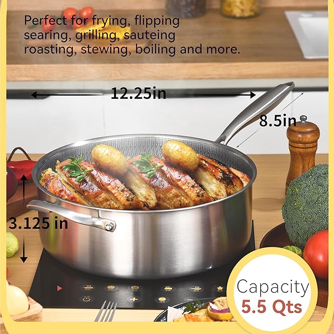 LOLYKITCH 6 Quarts Hybrid Non Stick Tri-Ply Stainless Steel Saut챕 Pan with Lid,12 Inch Deep Frying Pan,Large Skillet,Induction Cooking Pan, Oven Safe and Detachable Handle.