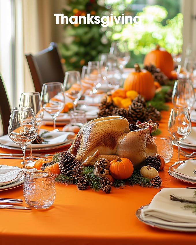 Pureegg Plastic Table Cloth Disposable 12 Pack, 54 x 108 Inch Table Cloths, Halloween Party, Thanksgiving Decorations, Harvest, Fall Tablecloths, Rectangle Tables, Leakproof & Sturdy, Orange