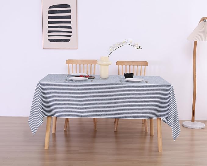 AORISSI 100% French Flax Linen Tablecloths Rectangle 144Lx60W Inch for Dinners, Parties, Easter, Halloween, Camping, Stone Washed, Textured, Machine Washable, 12-14 Sets (60''x144'', Blue Stripe)