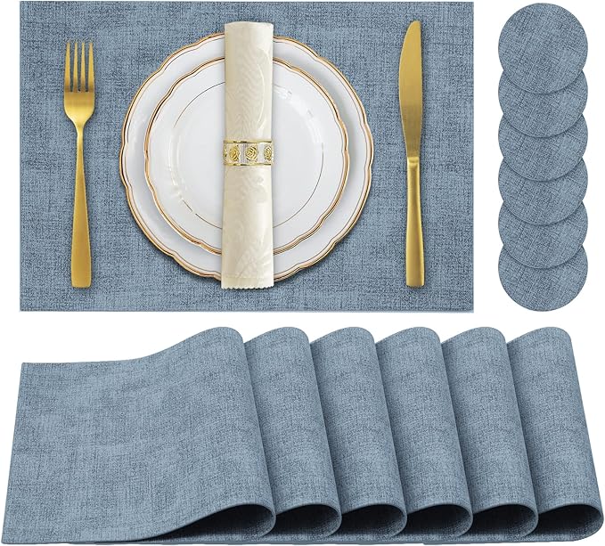 JUCCWARM Faux Leather Placemats Set of 6,Heat Resistant Placemats for Dining Table, Easy Clean Non-Slip Place Mats, Waterproof Stain Resistant Wipeable Washable PU Table Mats, (Blue)