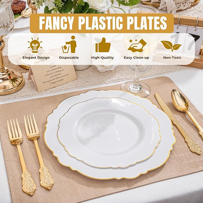 WDF 60pcs Gold Dessert Plates-7.5inch Baroque White and Gold Small Plastic Plates/Disposable Dessert/Salad/Appetizer Plastic Plate for Upscale Valentine's Day/Wedding/Birthday