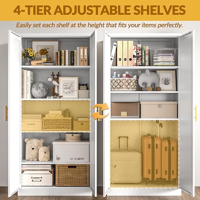 Kitchen Pantry Cabinet,71??Metal Tall Pantry Storage Cabinet with Doors and 4 Adjustable Shelves,Kitchen Storage Cabinets White Freestanding Food Cabinet for Pantries, Kitchen, Livingroom, Dining Room