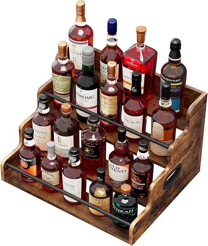 19.6?쓂 x 15.74" D x 12.5" H Inches Versatile 4-Step Coffee Syrup & Water Bottle Organizer Rack Multi-Functional Retro Display Shelf for Kitchen or Bar, Holds Liquor & Spirits, Wooden
