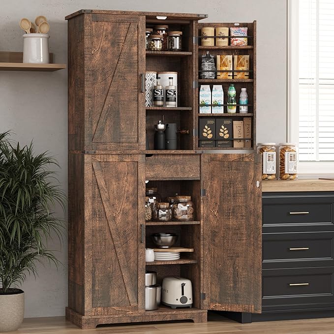 COSIEST 72'' Kitchen Pantry Cabinet, Tall Storage Cabinet with Organizer, Drawer and Adjustable Shelves, Freestanding Cupboard, Storage Cabinets for Kitchen, Dining Room, Bathroom, Rustic Brown