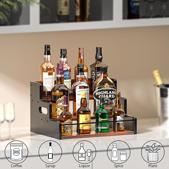 Liquor Bottle Display Shelf,Wood Syrup Organizer Rack,3 Step Countertop Organizer Wine Rack,Rustic Coffee Station Accessories for Syrup (Brown)