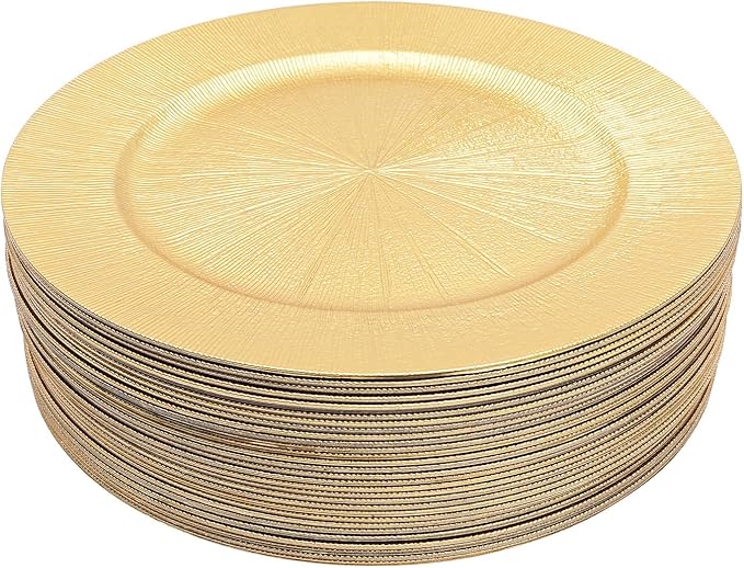 50pcs Gold Charger Plates, 13" Round Reusable Decorative Flower Relief Carving Bulk Chargers for Dinner Plates, Wedding, Bridal Shower
