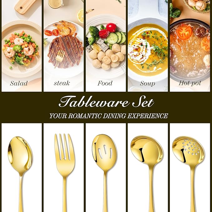 Mwellewm 17Pcs Serving Utensils, Gold Stainless Steel Large Serving Spoons, Slotted Spoon, Fork, Tongs, Cake Pie Server, Soup Spoon, Metal Buffet Banquet Cutlery Set for Parties Entertaining Catering