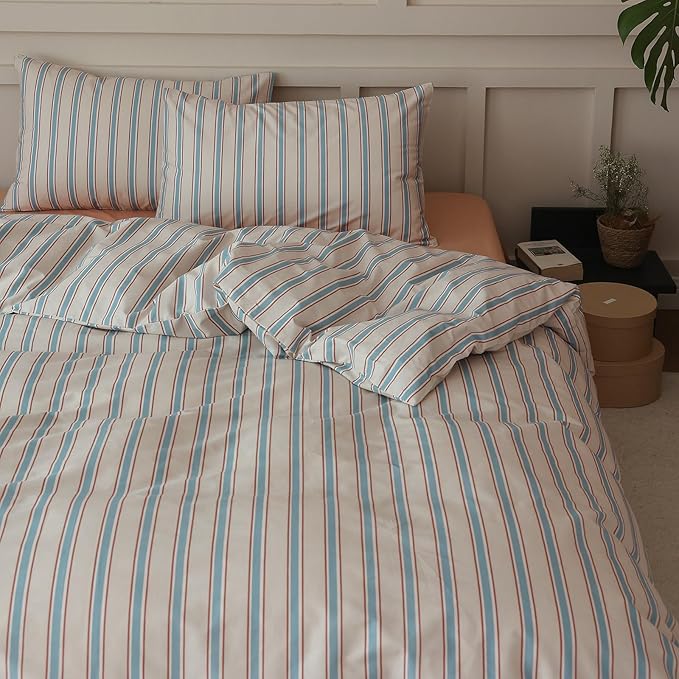 LifeTB Full Comforter Set Blue Brown Striped Comforter Set, 3 Pieces Retro Stripes Pattern Printed Comforter with 2 Pillowcases, Lightweight Fluffy Soft Breathable Striped Bedding Set for All Seasons