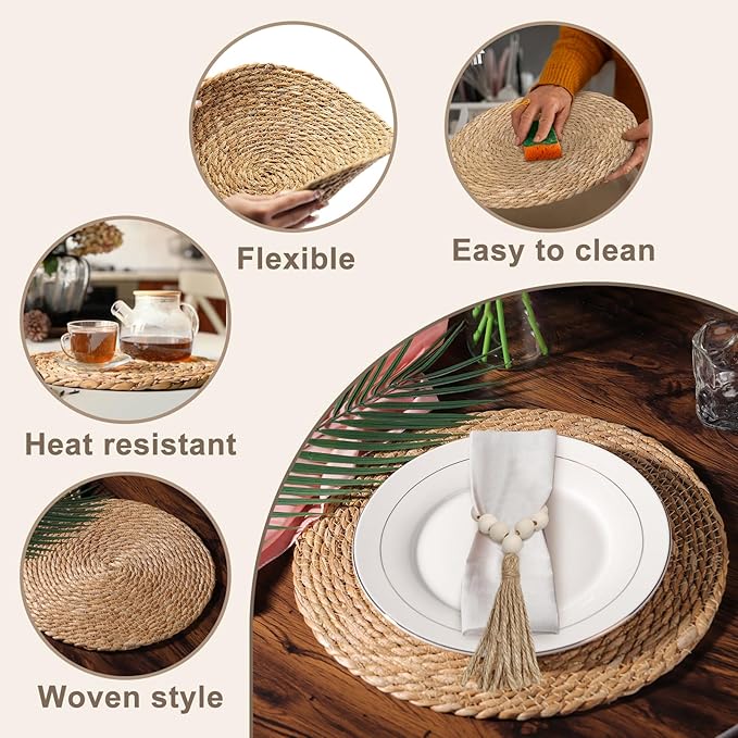 Hardcometrue Woven Placemats Set of 4, 13.8" Natural Water Hyacinth Round Rattan Placemats with Wooden Beads Napkin Rings for Kitchen Dining Table Decor