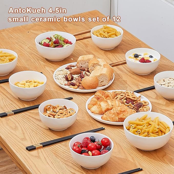 AntoKueh White 4.5in Small Ceramic Bowls 12 OZ, Cereal Bowls Set of 12 for Dessert, Rice, Family dressfamily gatherings, hosting dinner parties, bone china