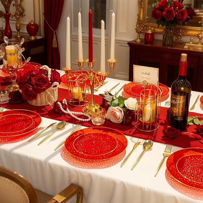 Rubtlamp 60 Pcs Red Plasitc Plates, Gold Red Disposable Plates, Fancy Party Plates, Hammered Plastic plates Include 30 Dessert Platos, 30 Dinner Platos for Party
