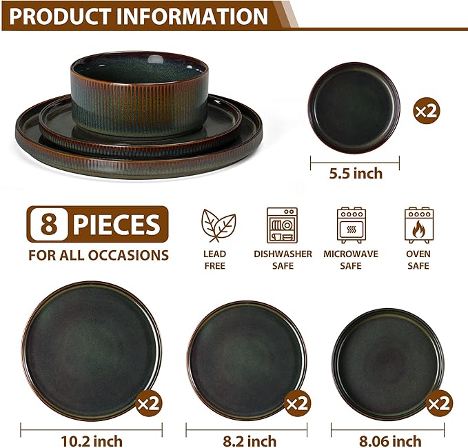 LIANYU Dinnerware Sets with Pasta Bowls, 8 Piece Ribbed Dinnerware Plates and Bowls Set for 2, Elegant Modern Stoneware Dishes Set for Kitchen Dining, Microwave and Dishwasher Safe, Jungle Green