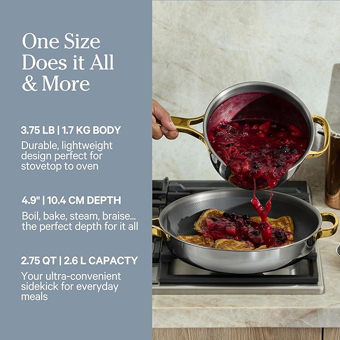 Our Place Mini Titanium Perfect Pot Pro | 2.75 Qt Cooking Pot with Lid & Silicone Spoon | PFAS-Free Nonstick, Fully-Clad Tri-Ply Stainless Steel & Aluminum | Induction & Oven-Safe up to 750째F | Gold