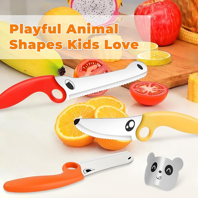 Kids Kitchen Knife Set with Educational Ring, 7-Piece Animal Cooking Tools, Safe Stainless Steel Knives, Finger Guard & Cutting Board, Montessori Cooking Set for Kids