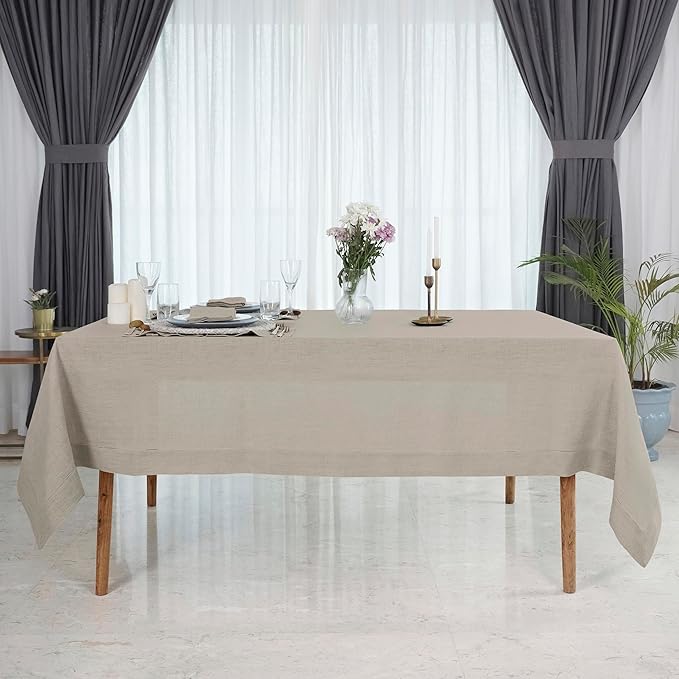 D'Moksha Homes Natural Linen Tablecloth for Rectangle Tables 60 x 144 Inch - 100% Pure Linen Natural Table Cloth - Classic Hemstitch, Machine Washable Dining Tablecloth for Valentines, Spring, Easter