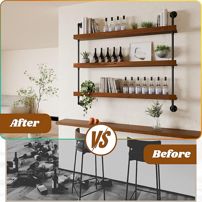 Industrial Wine Rack Wall Mounted, Solid Wood Shelf with Metal Pipe Brackets, 3-Tier Rustic Hanging Organizer for Wine Bottle Storage in Kitchen, Bar, Pub, Cellar(Walnut Brown, 48 Inch)