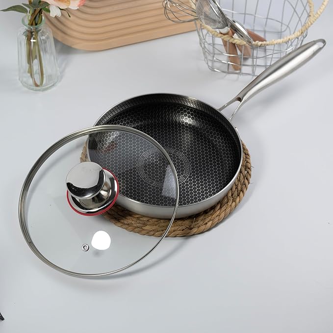 8-inch stainless steel frying pan with lid, hybrid non-stick skillet for induction, small fry pan induction compatible, non-toxic chef's pan, pfoa-free cookware