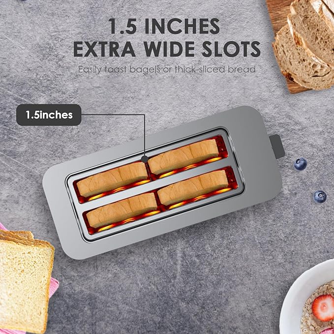 Geek Chef Long Slot Toaster 4 Slice, 1.5" Touch Screen Extra Wide Slots for Bagels & Waffles, 6 Browning Levels, Timer, Reheat, Defrost, Cancel Function, Removable Crumb Tray, Stainless Steel