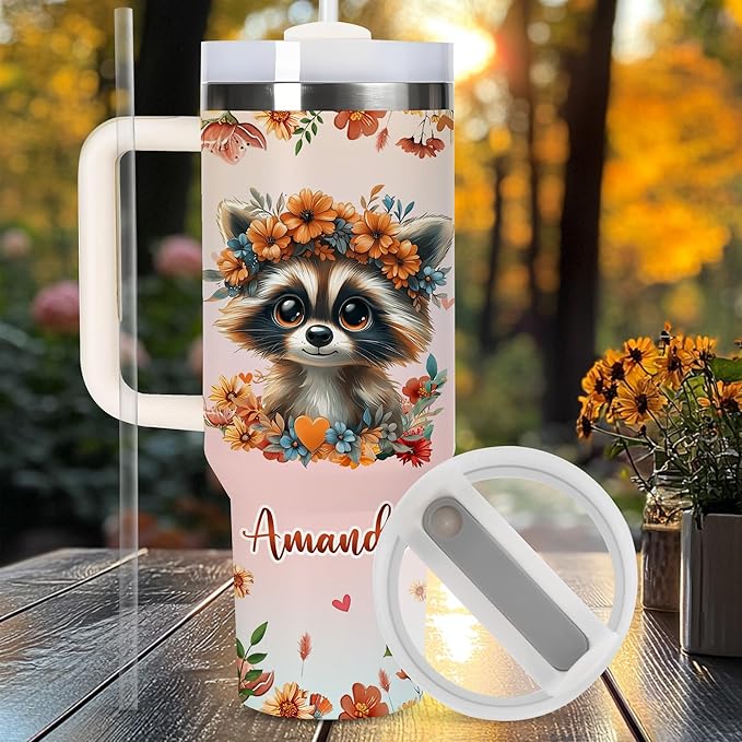 AGGLOMEKC Personalized Cute Raccoon Cup - Mother's Day Birthday Gift For Animal Lovers - Just A Girl Who Loves Raccoon Tumbler 40oz With Custom Name - Pet Lover Gifts For Women, Her