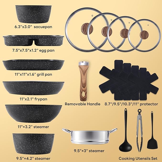 Sweetcrispy 17 Pcs Nonstick Pots and Pans, Non-toxic Kitchen Cooking Set with Stay-Cool Handles, Black