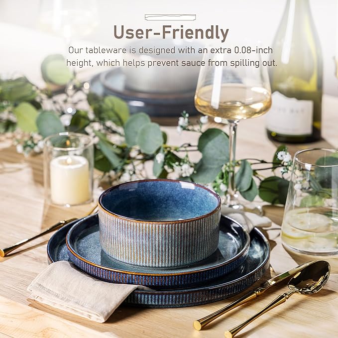 GBHOME Stoneware Dinnerware Sets for 8,Round Reactive Glaze Ceramic Plates and Bowls Set,Highly Scratch Resistant| Dishwasher & Microwave Safe Dishes Set,Service for 8(24Pcs),Ceylon Blue
