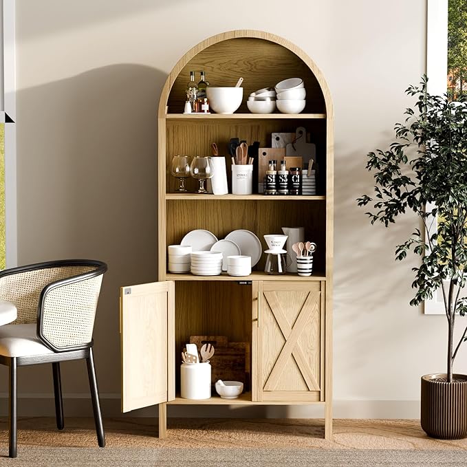 Arch Storage Cabinet with Beech-Wooden Door, 60??Arched Display Floor Cabinet, 4 Tier Farmhouse Buffet Cabinets with Storage for Dining Room, Living Room, Home Office or Kitchen (Oak)