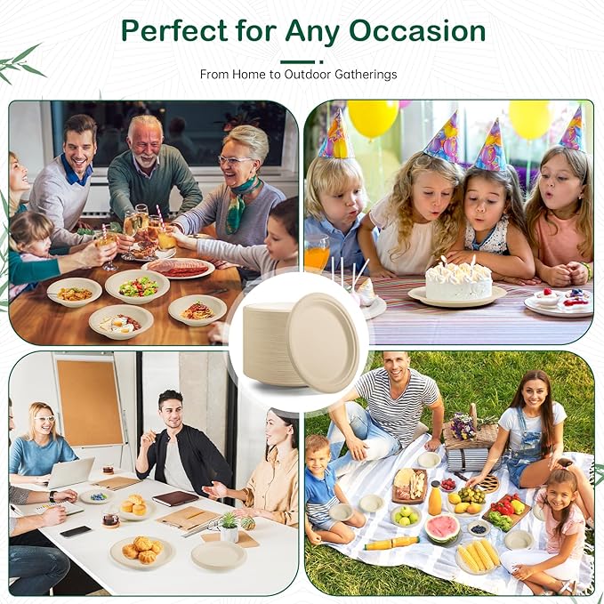 ?윹 ?뿙?뿻?뿰?뿵, ?윮?윯?윺-?뿣?뿮?뿰?뿸 Compostable Paper Plates, Heavy-Duty Biodegradable Disposable Dish Made from Bagasse, Perfeck for Snacks, Desserts, Party, Wedding and More (Nature)