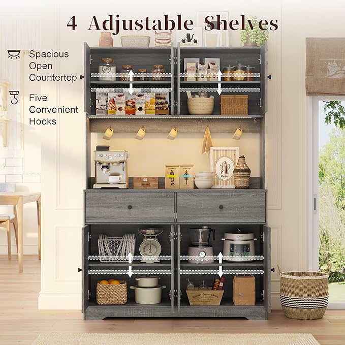 71" Tall Kitchen Pantry Storage Cabinet with Charging Station, 47.2" Wide Kitchen Hutch Cabinet with Large Countertop, Farmhouse Food Pantry with Drawers for Living Room, Gray