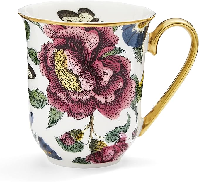 Spode Creatures of Curiosity 12oz Fine China Mug, White Floral Pattern - Porcelain Tea & Coffee Cup with 22ct Gold Handle and Rim - Elegant Vintage Inspired Drinkware, Boxed for Gifting