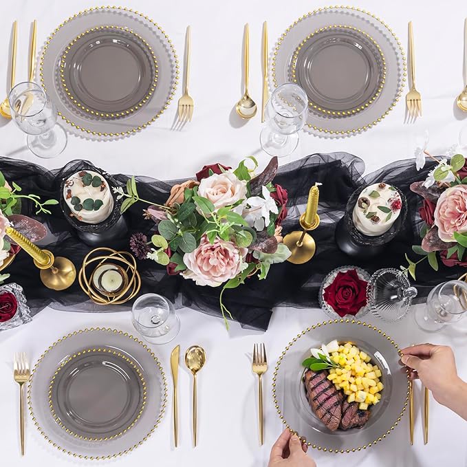 EI 60pcs Black and Gold Plastic Plates Clear with Black Disposable Plates Heavy Duty Gold Plastic Dinnerware Set For 30 Guests Perfect Wedding,Party,Birthday,Anniversary,Business Events,Hotel Banquets