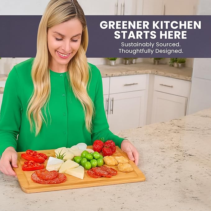 Bamboo Cutting Board ??15 Inch Wood Cutting Boards for Kitchen with Glue-Free Surface??& Juice Groove ??Non-Toxic, FSC-Certified, Durable Wooden Chopping Board - Rectangle