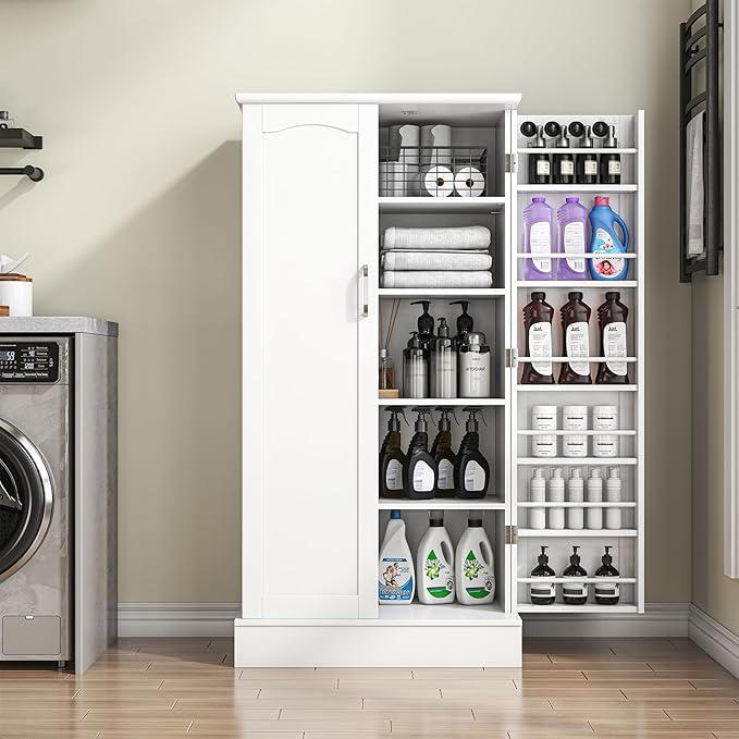 47??Pantry Cabinet, Kitchen Pantry Storage Cabinet with Doors and Adjustable Shelves,Freestanding Buffet Cupboards Sideboard for Living Room and Dinning Room (White)