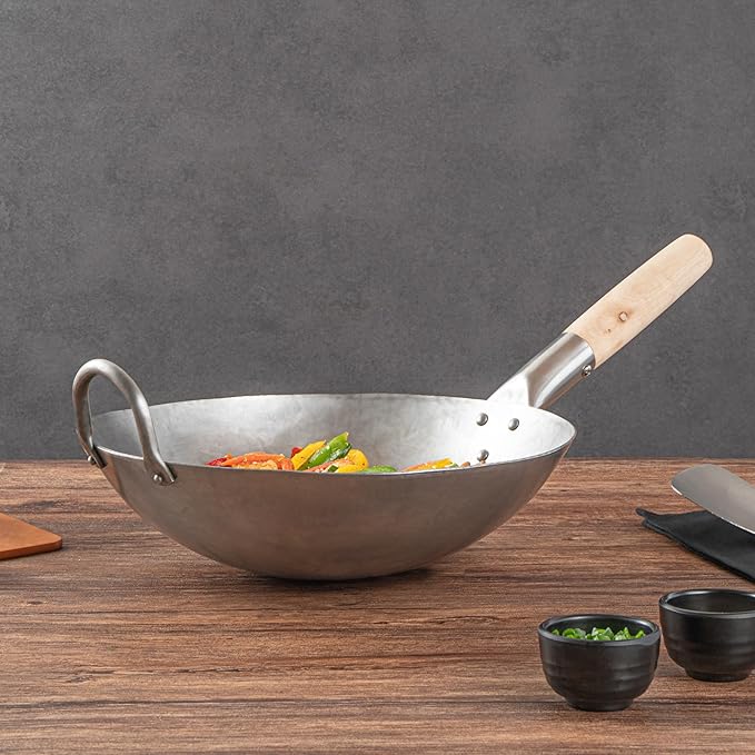 Restaurantware-Motomori 12 Inch Hand-Hammered Carbon Steel Woks, 10 Traditional Japanese Woks - Round Bottom, Wooden Handle, Black Carbon Steel Traditional Stir Fry Pans, With Helper Handle