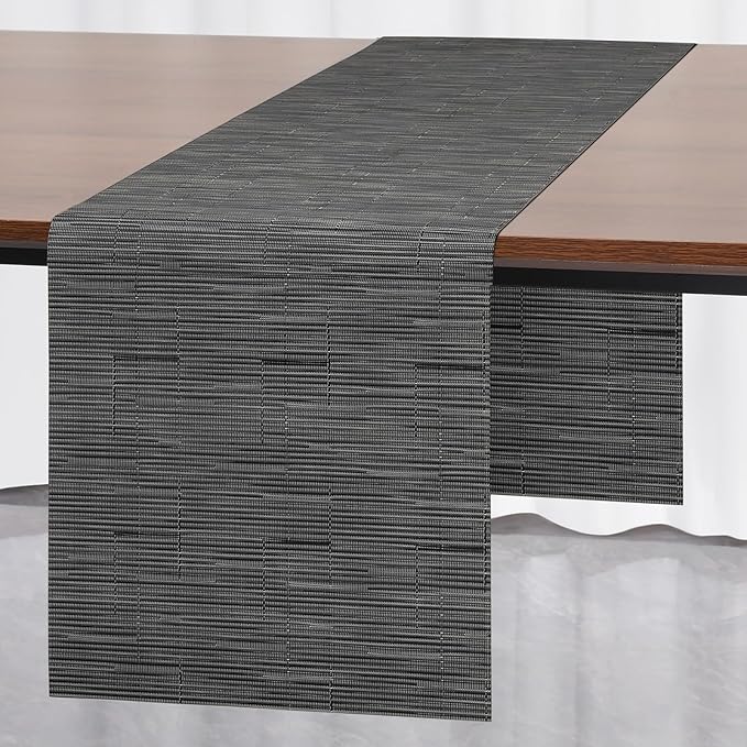 Myir JUN Table Runner, Vinyl Table Runner Indoor Arbitrarily Cropped Runner for Table Heatproof for Home Party (Black-Gray, 12 x 94 inch)