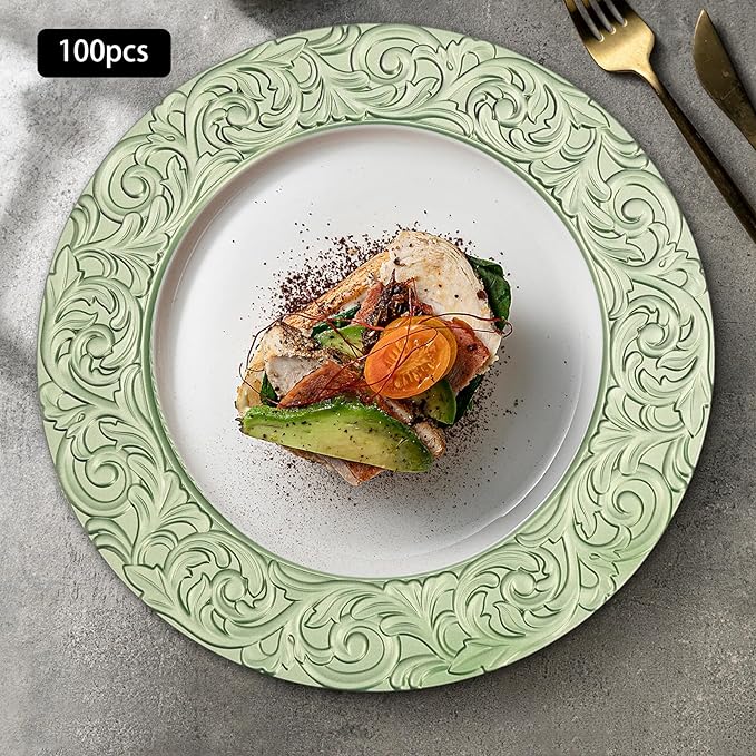 100pcs Green Charger Plates, 13" Round Reusable Decorative Flower Relief Carving Bulk Chargers for Dinner Plates, Wedding, Bridal Shower