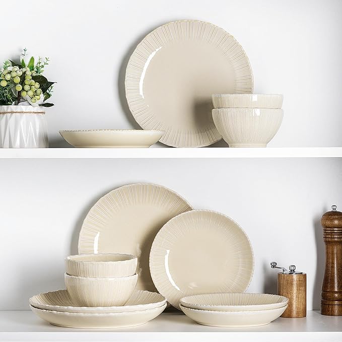 GBHOME Stoneware Dinnerware Sets for 4,Round Reactive Glaze Ceramic Plates and Bowls Set, Highly Scratch Resistant | Dishwasher & Microwave Safe Dishes Set,Service for 4(12Pcs)